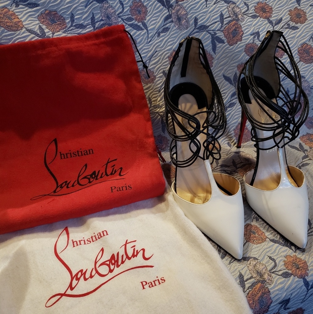 Christian Louboutin White Pointed-Toe Lace-Up Heels